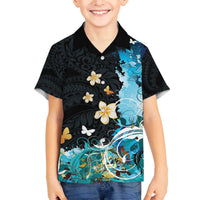 Blue Grunge Polynesian Pattern Family Matching Off The Shoulder Long Sleeve Dress and Hawaiian Shirt Plumeria Floral LT01 Son's Shirt Blue - Polynesian Pride