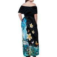Blue Grunge Polynesian Pattern Family Matching Off Shoulder Maxi Dress and Hawaiian Shirt Plumeria Floral LT01 - Polynesian Pride