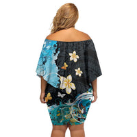Blue Grunge Polynesian Pattern Family Matching Off Shoulder Short Dress and Hawaiian Shirt Plumeria Floral LT01 - Polynesian Pride