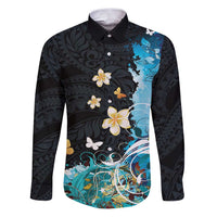 Blue Grunge Polynesian Pattern Family Matching Puletasi and Hawaiian Shirt Plumeria Floral LT01 Dad's Shirt - Long Sleeve Blue - Polynesian Pride