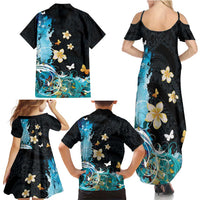 Blue Grunge Polynesian Pattern Family Matching Summer Maxi Dress and Hawaiian Shirt Plumeria Floral LT01 - Polynesian Pride