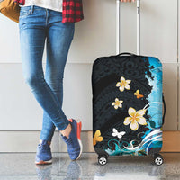 Blue Grunge Polynesian Pattern Luggage Cover Plumeria Floral