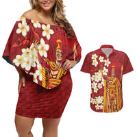Hawaii King Kamehameha Couples Matching Off Shoulder Short Dress and Hawaiian Shirt Plumeria Lauhala Pattern LT01 Red - Polynesian Pride