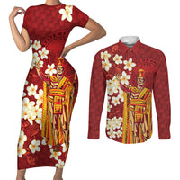 Hawaii King Kamehameha Couples Matching Short Sleeve Bodycon Dress and Long Sleeve Button Shirt Plumeria Lauhala Pattern LT01 Red - Polynesian Pride