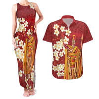 Hawaii King Kamehameha Couples Matching Tank Maxi Dress and Hawaiian Shirt Plumeria Lauhala Pattern LT01 Red - Polynesian Pride
