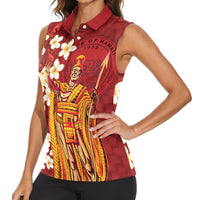 Hawaii King Kamehameha Women Sleeveless Polo Shirt Plumeria Lauhala Pattern