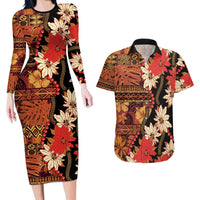 Hawaii Christmas Poinsettia Lei Couples Matching Long Sleeve Bodycon Dress and Hawaiian Shirt Tapa Pattern LT01 Brown - Polynesian Pride