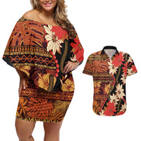 Hawaii Christmas Poinsettia Lei Couples Matching Off Shoulder Short Dress and Hawaiian Shirt Tapa Pattern LT01 Brown - Polynesian Pride