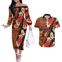 Hawaii Christmas Poinsettia Lei Couples Matching Off The Shoulder Long Sleeve Dress and Hawaiian Shirt Tapa Pattern LT01 Brown - Polynesian Pride