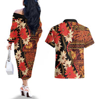 Hawaii Christmas Poinsettia Lei Couples Matching Off The Shoulder Long Sleeve Dress and Hawaiian Shirt Tapa Pattern LT01 - Polynesian Pride