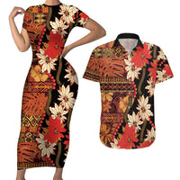 Hawaii Christmas Poinsettia Lei Couples Matching Short Sleeve Bodycon Dress and Hawaiian Shirt Tapa Pattern LT01 Brown - Polynesian Pride