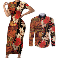 Hawaii Christmas Poinsettia Lei Couples Matching Short Sleeve Bodycon Dress and Long Sleeve Button Shirt Tapa Pattern LT01 Brown - Polynesian Pride