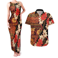 Hawaii Christmas Poinsettia Lei Couples Matching Tank Maxi Dress and Hawaiian Shirt Tapa Pattern LT01 Brown - Polynesian Pride