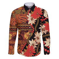Hawaii Christmas Poinsettia Lei Family Matching Long Sleeve Bodycon Dress and Hawaiian Shirt Tapa Pattern LT01 Dad's Shirt - Long Sleeve Brown - Polynesian Pride