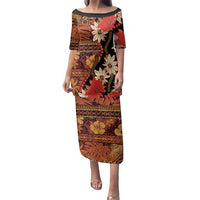 Hawaii Christmas Poinsettia Lei Family Matching Puletasi and Hawaiian Shirt Tapa Pattern LT01 Mom's Dress Brown - Polynesian Pride