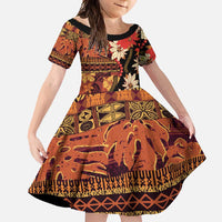 Hawaii Christmas Poinsettia Lei Family Matching Tank Maxi Dress and Hawaiian Shirt Tapa Pattern LT01 Daughter's Dress Brown - Polynesian Pride