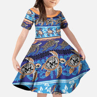 Hawaii Turtles Pattern Special Blue Family Matching Off The Shoulder Long Sleeve Dress and Hawaiian Shirt LT01 Daughter's Dress Blue - Polynesian Pride