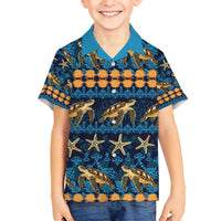 Hawaii Turtles Starfish Unique Pattern Family Matching Long Sleeve Bodycon Dress and Hawaiian Shirt LT01 Son's Shirt Blue - Polynesian Pride