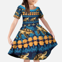 Hawaii Turtles Starfish Unique Pattern Family Matching Off The Shoulder Long Sleeve Dress and Hawaiian Shirt LT01 Daughter's Dress Blue - Polynesian Pride