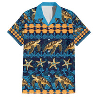 Hawaii Turtles Starfish Unique Pattern Family Matching Off The Shoulder Long Sleeve Dress and Hawaiian Shirt LT01 Dad's Shirt - Short Sleeve Blue - Polynesian Pride