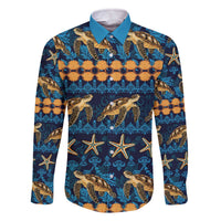 Hawaii Turtles Starfish Unique Pattern Family Matching Off The Shoulder Long Sleeve Dress and Hawaiian Shirt LT01 Dad's Shirt - Long Sleeve Blue - Polynesian Pride