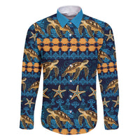 Hawaii Turtles Starfish Unique Pattern Family Matching Short Sleeve Bodycon Dress and Hawaiian Shirt LT01 Dad's Shirt - Long Sleeve Blue - Polynesian Pride