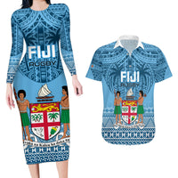 Custom Fiji Rugby Couples Matching Long Sleeve Bodycon Dress and Hawaiian Shirt Fijian Go 2023 World Cup LT01 Blue - Polynesian Pride