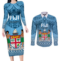 Custom Fiji Rugby Couples Matching Long Sleeve Bodycon Dress and Long Sleeve Button Shirts Fijian Go 2023 World Cup LT01 Blue - Polynesian Pride