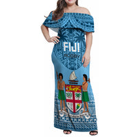 Custom Fiji Rugby Family Matching Off Shoulder Maxi Dress and Hawaiian Shirt Fijian Go 2023 World Cup LT01 Mom's Dress Blue - Polynesian Pride