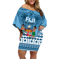 Custom Fiji Rugby Family Matching Off Shoulder Short Dress and Hawaiian Shirt Fijian Go 2023 World Cup LT01 Mom's Dress Blue - Polynesian Pride