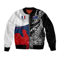 Custom New Zealand And France Rugby Bomber Jacket XV de France Kiwi Silver Fern 2023 World Cup LT01 Unisex Black - Polynesian Pride