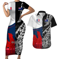 Custom New Zealand And France Rugby Couples Matching Short Sleeve Bodycon Dress and Hawaiian Shirt XV de France Kiwi Silver Fern 2023 World Cup LT01 Black - Polynesian Pride