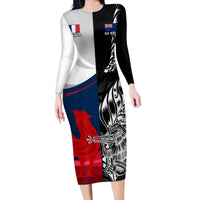 Custom New Zealand And France Rugby Long Sleeve Bodycon Dress XV de France Kiwi Silver Fern 2023 World Cup LT01 Long Dress Black - Polynesian Pride