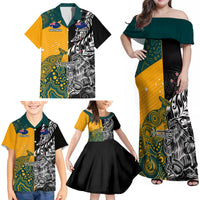 Custom New Zealand And Australia Rugby Family Matching Off Shoulder Maxi Dress and Hawaiian Shirt Wallabies Kiwi Silver Fern 2023 World Cup LT01 - Polynesian Pride
