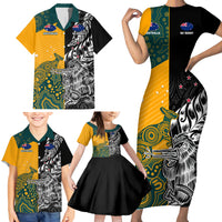 Custom New Zealand And Australia Rugby Family Matching Short Sleeve Bodycon Dress and Hawaiian Shirt Wallabies Kiwi Silver Fern 2023 World Cup LT01 - Polynesian Pride