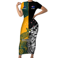 Custom New Zealand And Australia Rugby Family Matching Short Sleeve Bodycon Dress and Hawaiian Shirt Wallabies Kiwi Silver Fern 2023 World Cup LT01 Mom's Dress Black - Polynesian Pride