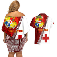 Tonga Rugby Couples Matching Off Shoulder Short Dress and Hawaiian Shirt Tongan Go 2023 World Cup LT01 - Polynesian Pride