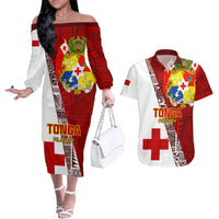 Custom Tonga Rugby Couples Matching Off The Shoulder Long Sleeve Dress and Hawaiian Shirt Tongan Go 2023 World Cup LT01 Red - Polynesian Pride