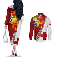 Custom Tonga Rugby Couples Matching Off The Shoulder Long Sleeve Dress and Long Sleeve Button Shirts Tongan Go 2023 World Cup LT01 - Polynesian Pride