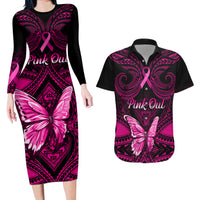 Personalised Pink Out Couples Matching Long Sleeve Bodycon Dress and Hawaiian Shirt Breast Cancer Awareness Polynesian Pattern Black Version LT01 Black - Polynesian Pride