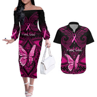 Personalised Pink Out Couples Matching Off The Shoulder Long Sleeve Dress and Hawaiian Shirt Breast Cancer Awareness Polynesian Pattern Black Version LT01 Black - Polynesian Pride