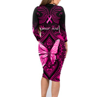 Personalised Pink Out Family Matching Long Sleeve Bodycon Dress and Hawaiian Shirt Breast Cancer Awareness Polynesian Pattern Black Version LT01 - Polynesian Pride
