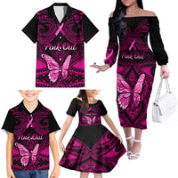 Personalised Pink Out Family Matching Off Shoulder Long Sleeve Dress and Hawaiian Shirt Breast Cancer Awareness Polynesian Pattern Black Version LT01 - Polynesian Pride