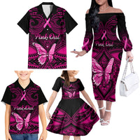 Personalised Pink Out Family Matching Off Shoulder Long Sleeve Dress and Hawaiian Shirt Breast Cancer Awareness Polynesian Pattern Black Version LT01 - Polynesian Pride