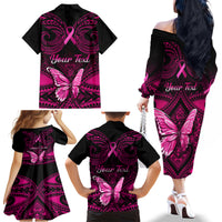 Personalised Pink Out Family Matching Off Shoulder Long Sleeve Dress and Hawaiian Shirt Breast Cancer Awareness Polynesian Pattern Black Version LT01 - Polynesian Pride