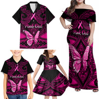Personalised Pink Out Family Matching Off Shoulder Maxi Dress and Hawaiian Shirt Breast Cancer Awareness Polynesian Pattern Black Version LT01 - Polynesian Pride