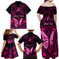 Personalised Pink Out Family Matching Off Shoulder Maxi Dress and Hawaiian Shirt Breast Cancer Awareness Polynesian Pattern Black Version LT01 - Polynesian Pride