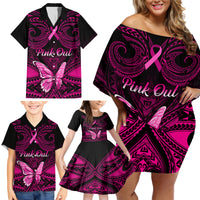 Personalised Pink Out Family Matching Off Shoulder Short Dress and Hawaiian Shirt Breast Cancer Awareness Polynesian Pattern Black Version LT01 - Polynesian Pride