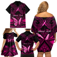 Personalised Pink Out Family Matching Off Shoulder Short Dress and Hawaiian Shirt Breast Cancer Awareness Polynesian Pattern Black Version LT01 - Polynesian Pride