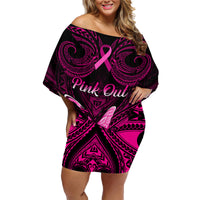 Personalised Pink Out Family Matching Off Shoulder Short Dress and Hawaiian Shirt Breast Cancer Awareness Polynesian Pattern Black Version LT01 Mom's Dress Black - Polynesian Pride
